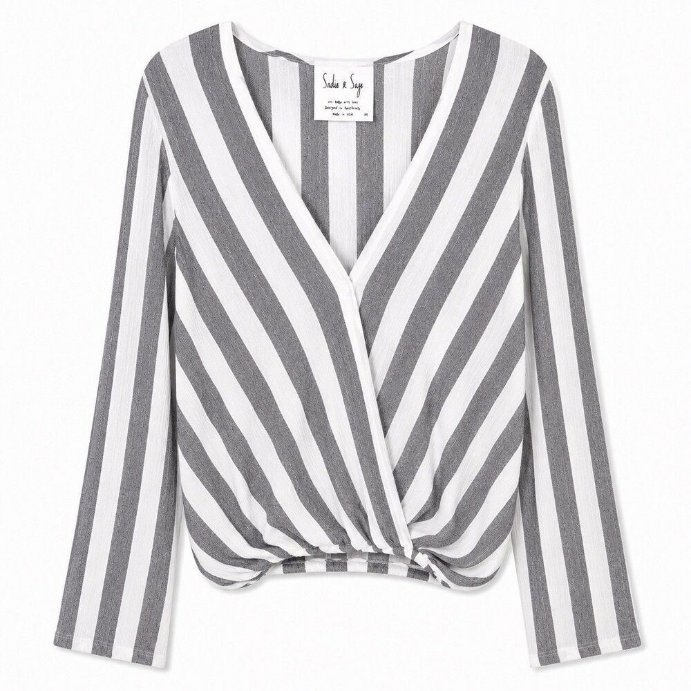 Sadie & Sage Blouse Women's Medium Gray Stripe Wrap Cropped V Neck Bell Sleeve